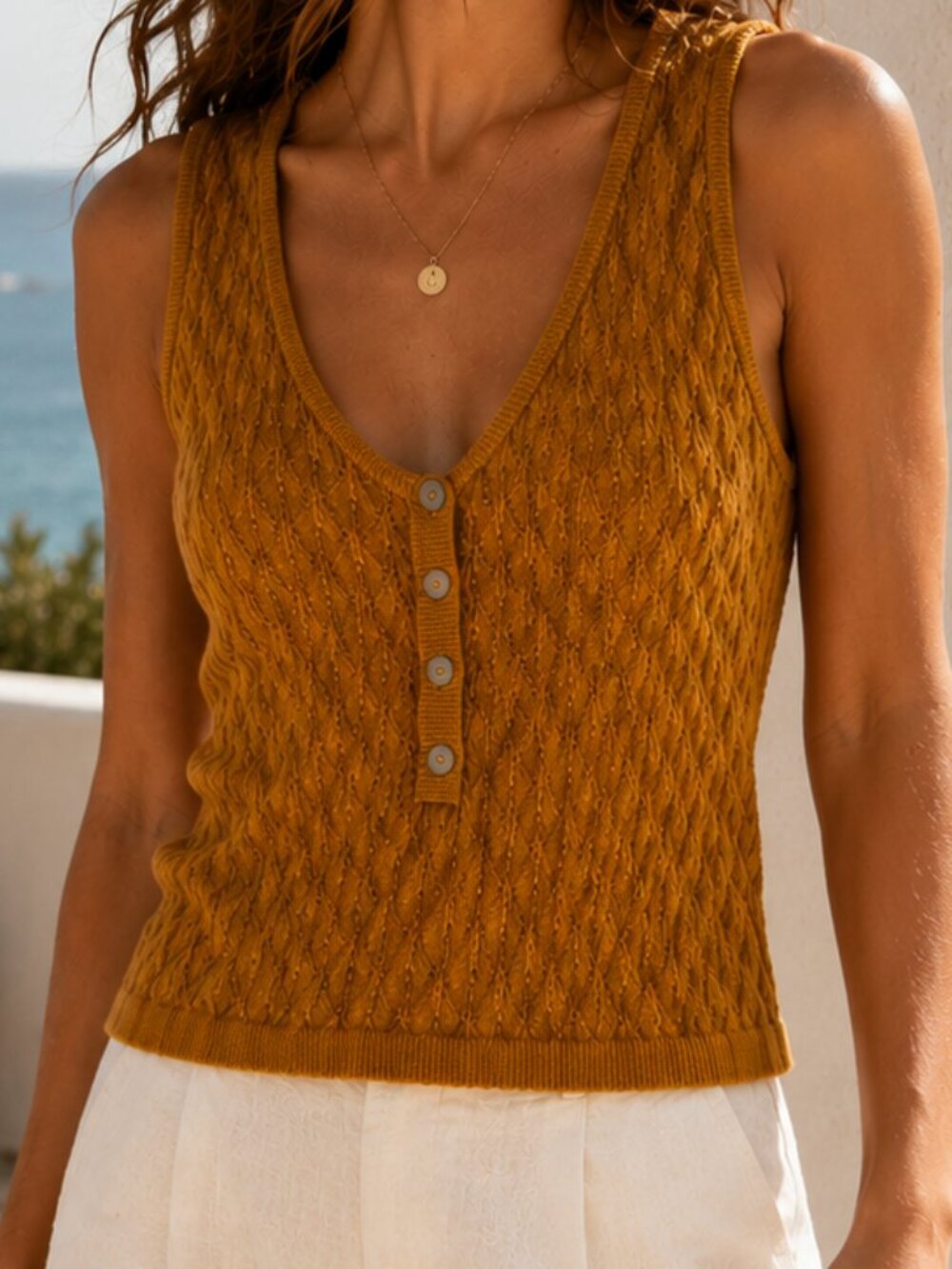 zara knit mustard textured sleeveless henley sweater tank top medium